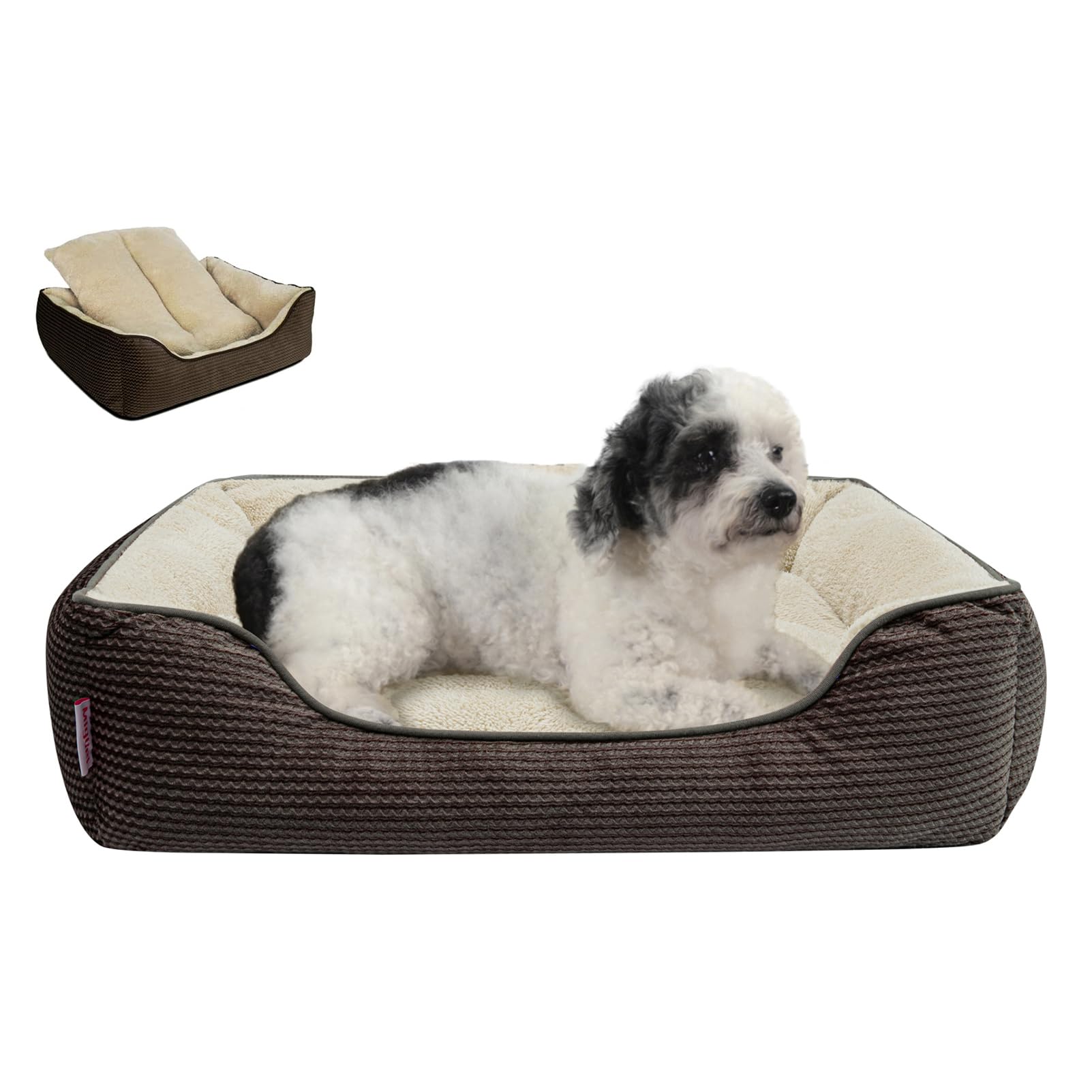 Miguel Cama para Perros con Cojín Extraíble para Perros Medianos Pequeños, Cama Lavable para Mascotas con Lado, Cama para Gatos Interior Rectangular Grande con Fondo Antideslizante, marrón 64cm