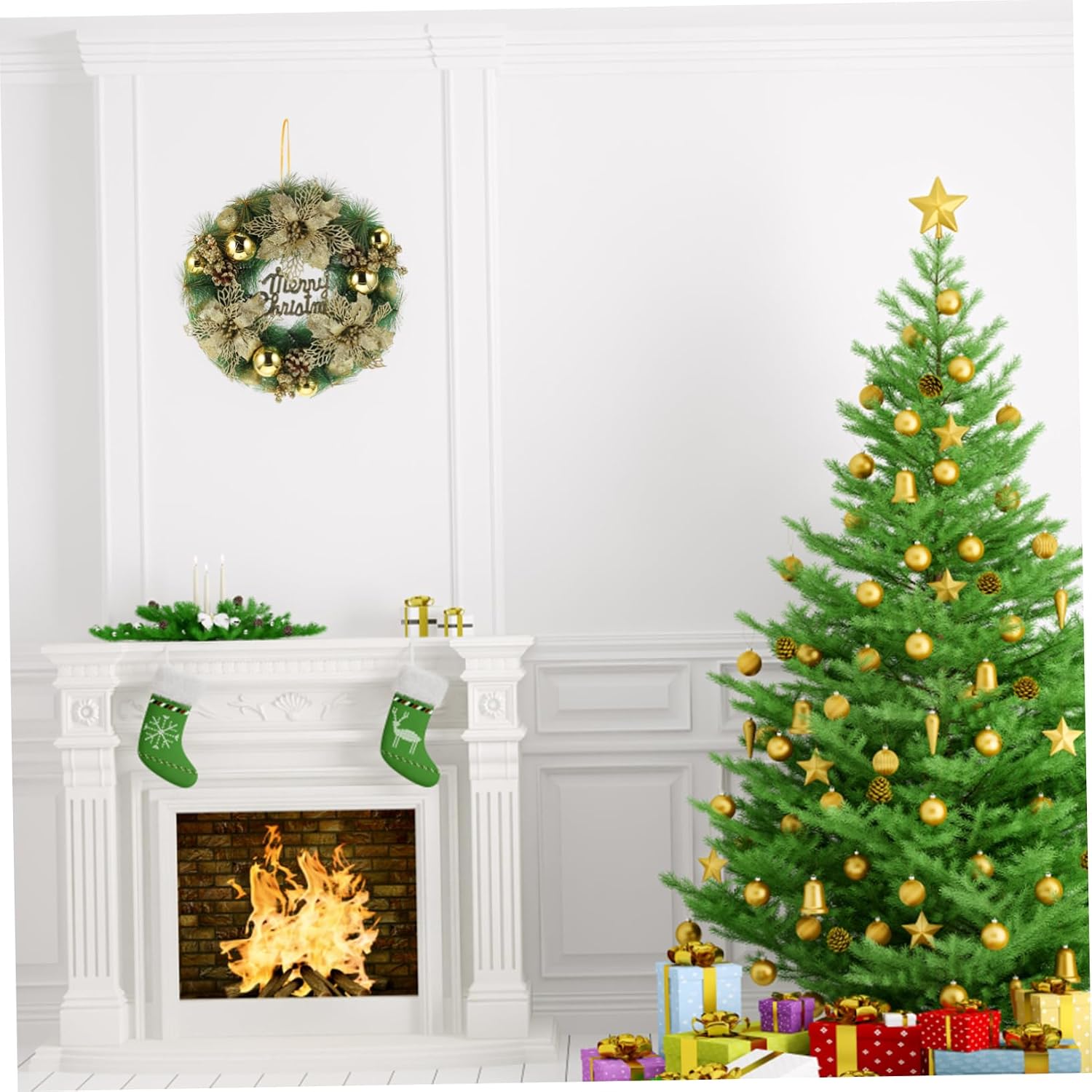 Christmas Door Garland Wreath Pendant with Pine Needles Holiday Decoration for Front Door Wall and Showcase Rustic Style Design