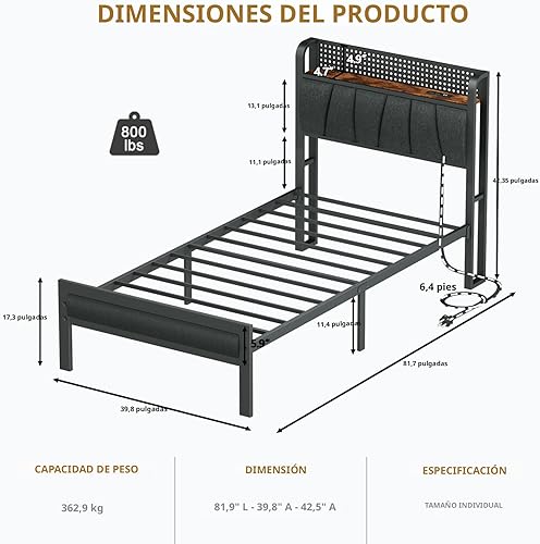 Miniatura 2 de Furnulem Base de cama tamaño individual con luz LED y estación de carga, cabecera de almacenamiento tapizada gris con estante, cama de plataforma de