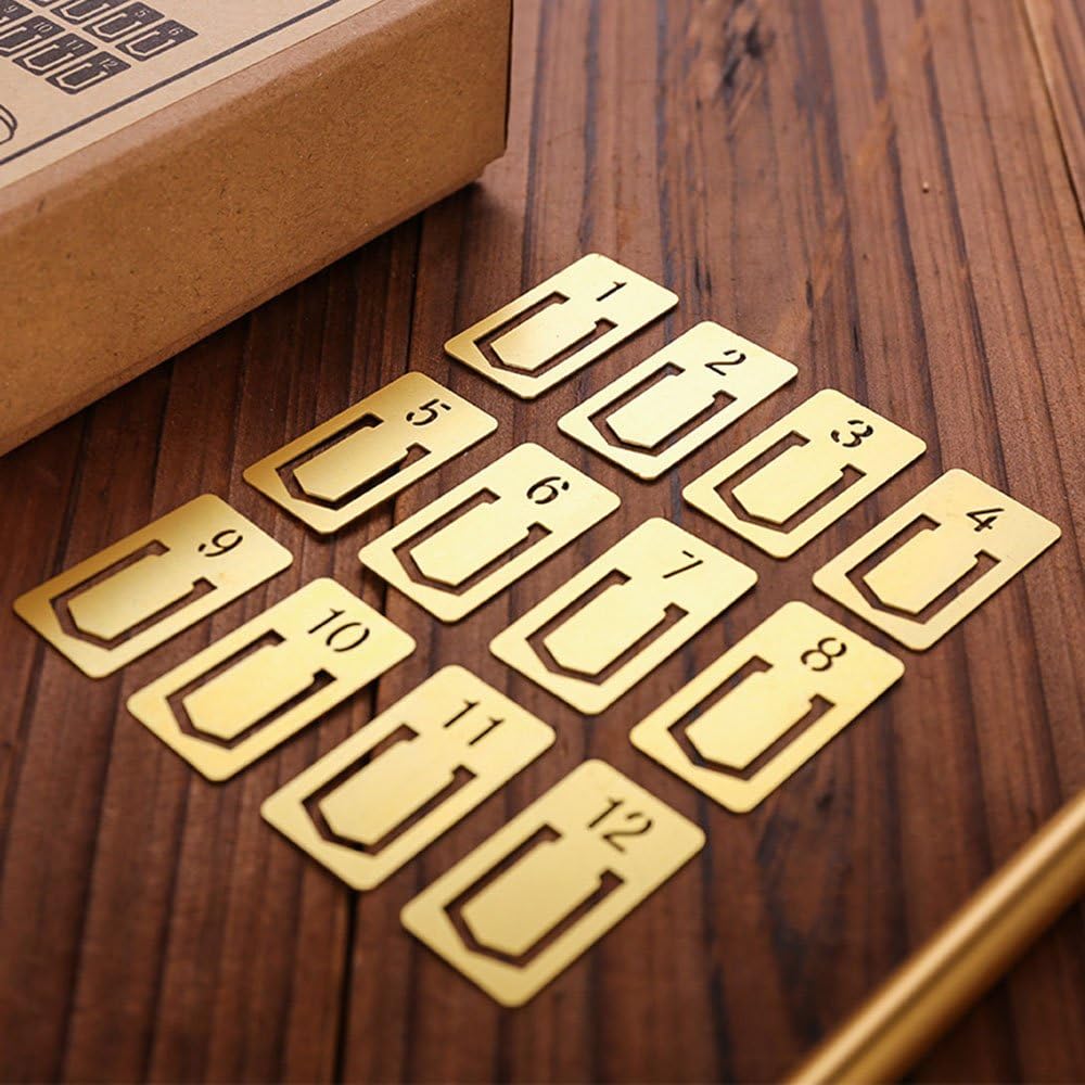 EKLOEN12pcs Brass Bookmarks, Mini Cute 1-12 Number Book Marks Ideal Gifts