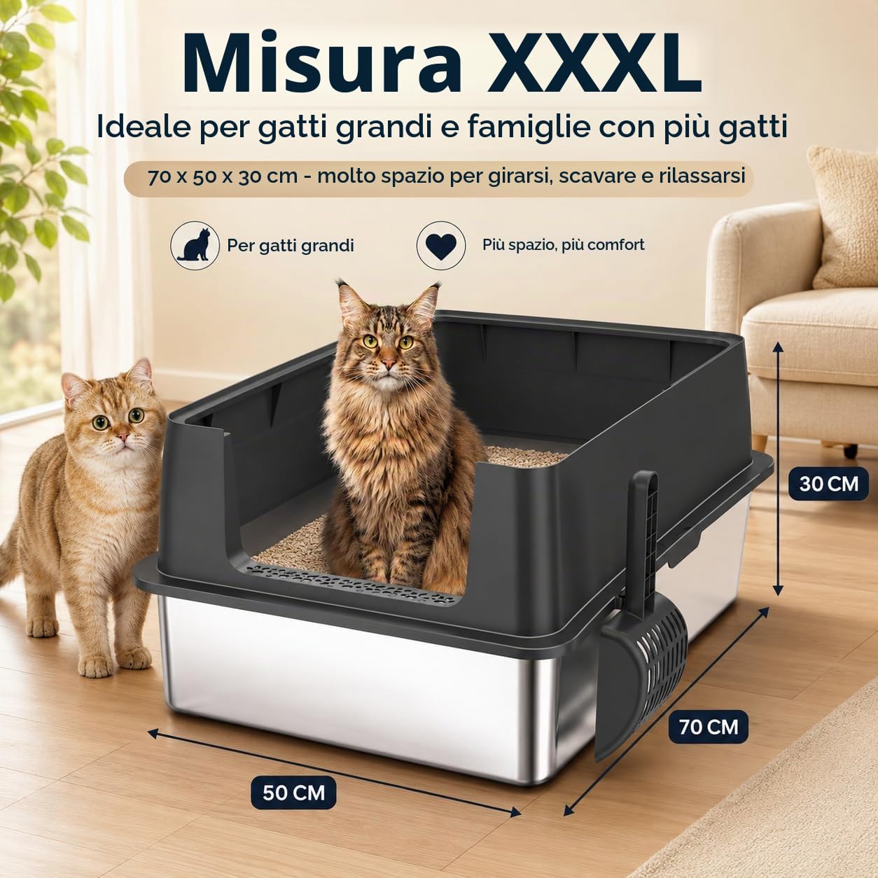 XXXL Lettiera per gatti in acciaio inox, bordo alto, 70 × 50 × 30 cm, inodore, nessuna perdita di urina, antiaderente, facile da pulire, in acciaio inox per gatti di grandi dimensioni, più gatti nero