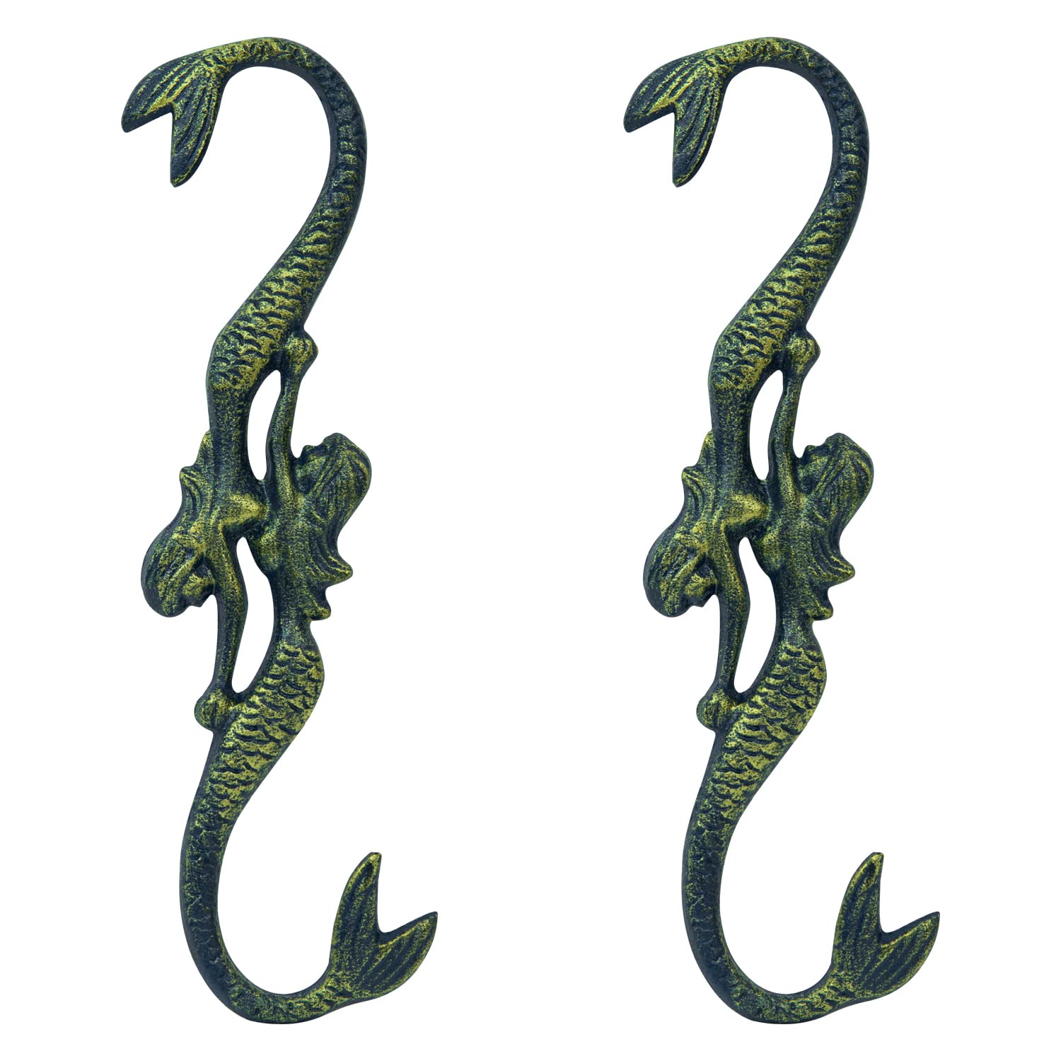 Woodside Cast Iron Decorative Mermaid S Hooks, Indoor/Outdoor for Garden Hanging Baskets/Lanterns/Wind Chimes, Bird Feeder Hooks, Pack of 2