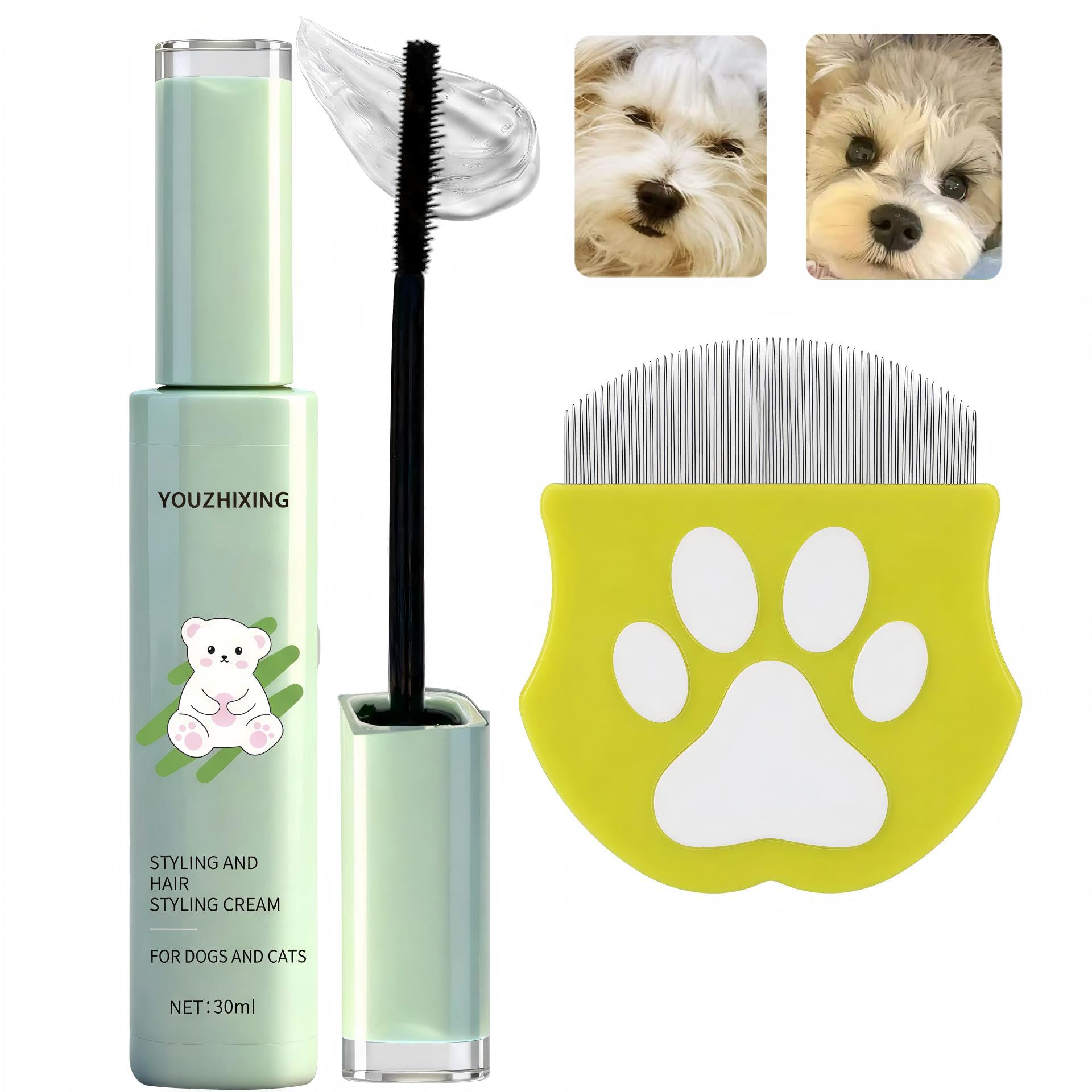 Pet Facial Hair Styling Gel Kit, 30ml, Alcohol-Free Formula with Aloe and Calendula, Gentle Grooming for Dogs and Cats, Includes Precision Comb (Facial Styling Gel +Tear Stain Remover Comb)