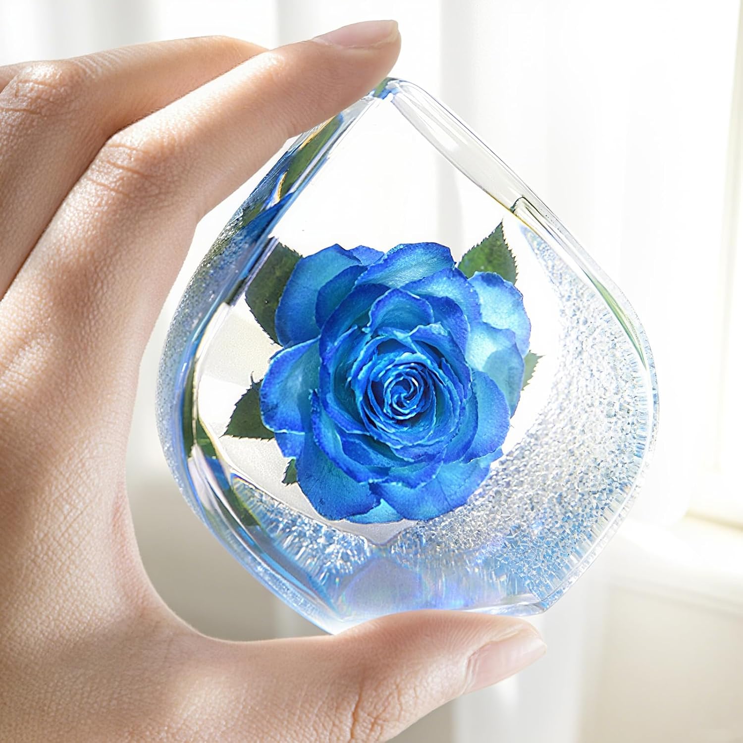 Preserved Blue Rose in Resin,Teardrop Shaped Real Rose Gift Set Perfect Roses Present for Birthday Anniversary Christmas Valentine with Luxury Packaging and Elegant Decor, Blue