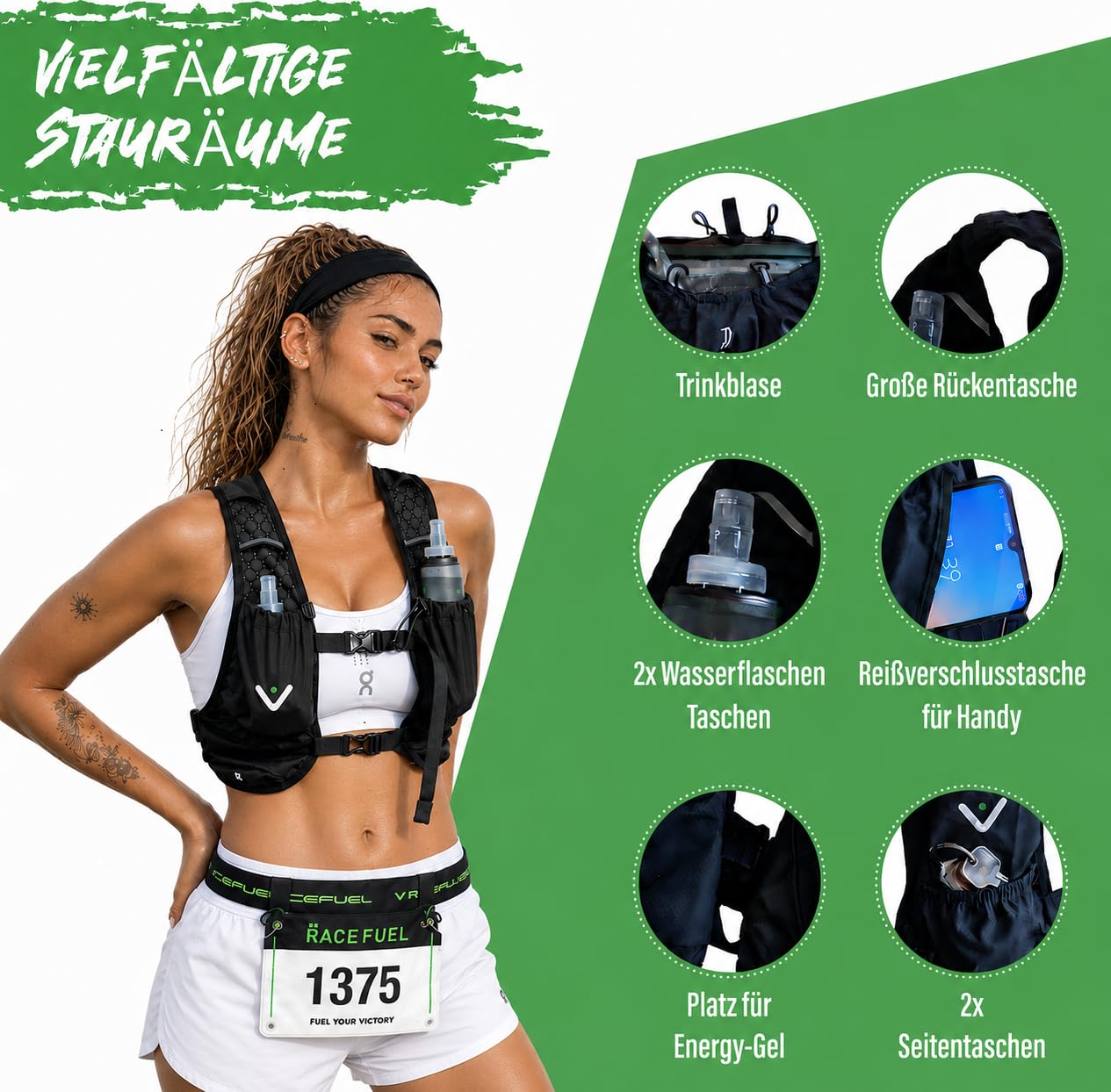 RACEFUEL – Ultraleichte Trinkweste 245 g für Damen & Herren, One Size – Laufweste für Trailrunning, Laufen, Wandern & Radfahren – reflektierend, faltbar