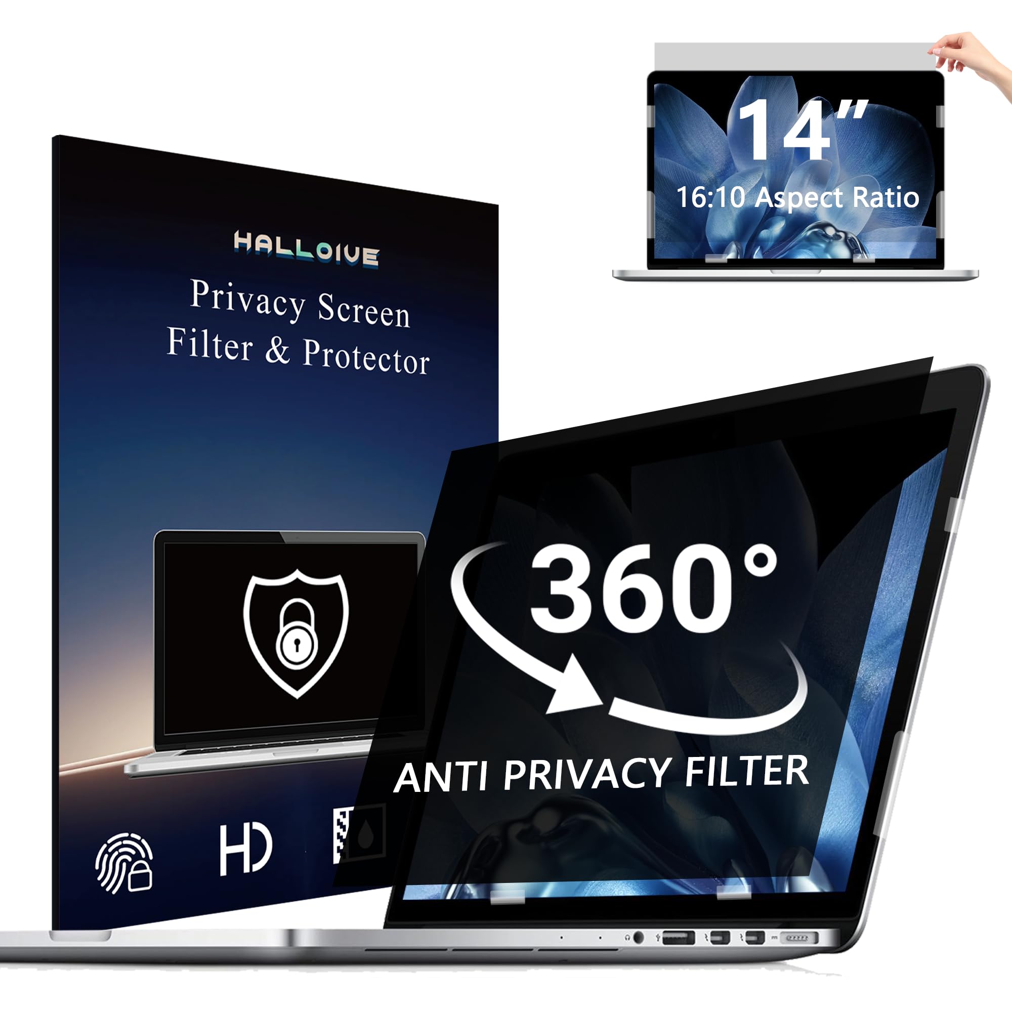 4-Way Laptop Privacy Screen Shield 14 Inch 16:10 Aspect, Removable 360° Privacy Filter Screen Protector for 14 Inch Laptop Computer, Anti Glare Blue Light Slide Mount Tabs Cover