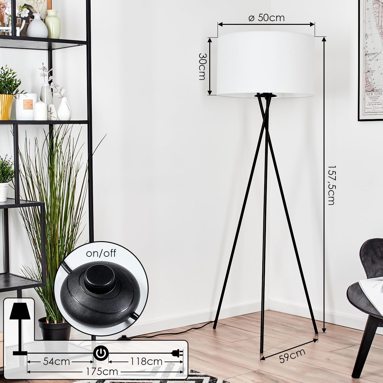 HOFSTEIN Stehleuchte Flemming, Stehlampe aus Metall im modernen Design mit Schirm aus Stoff, Ø 50 cm, 157,5 cm, E27, mit Fußschalter - Wohnzimmer, Schlafzimmer, Esszimmer, Flur
