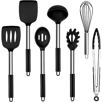 Homikit Kitchen Utensils 7-Piece Silicone Kitchen Utensils Cooking Utensils Set with Stainless Steel Handle Black Non-Stick Heat Resistant Cooking Cutlery for Cooking Non-Toxic Easy to Clean &