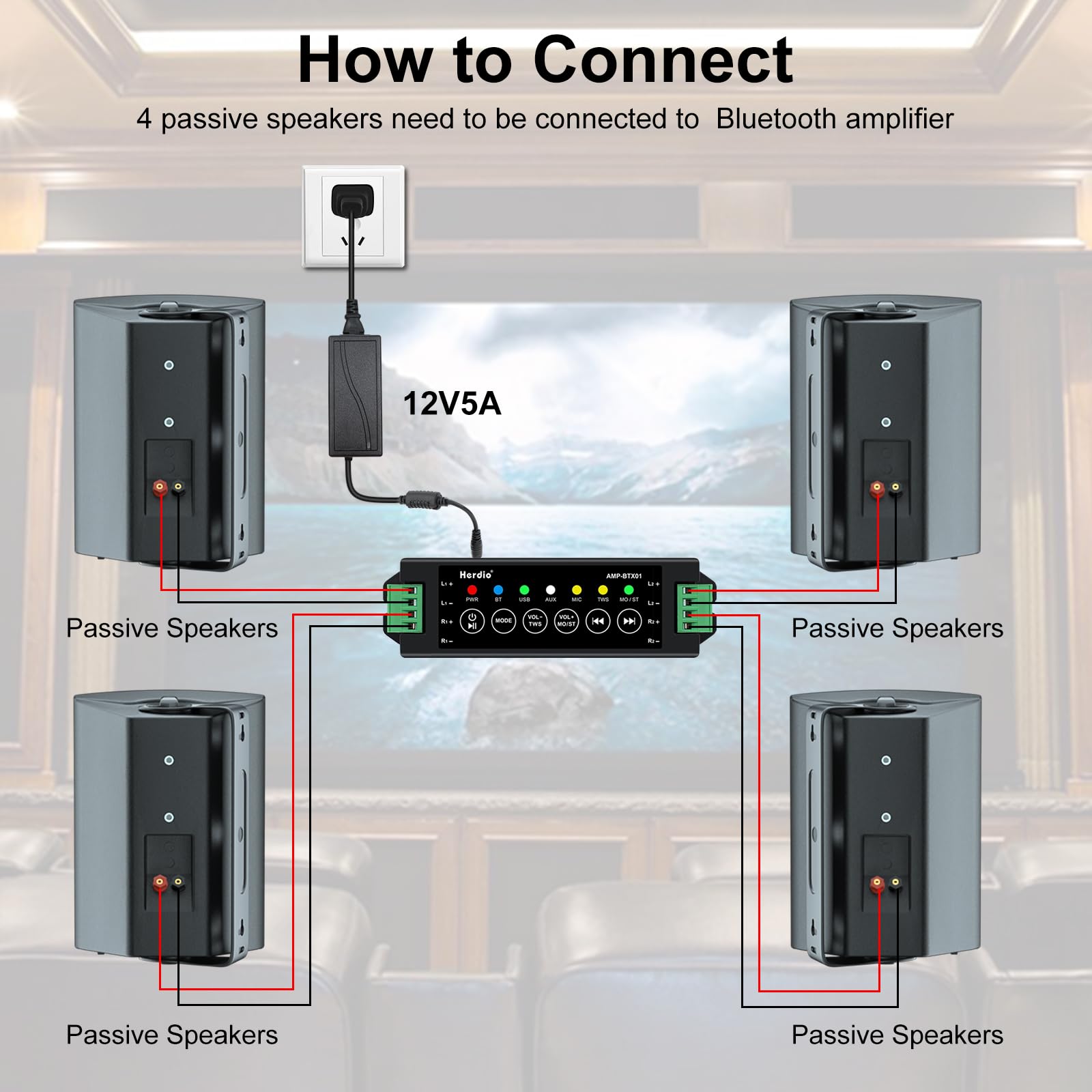 Herdio Altavoz Bluetooth para Exteriores de 5,25 Pulgadas, Resistente al Agua, 600 vatios con Cable y Amplificador para Uso en Interiores y Exteriores, Patio, Garaje, casa (Negro)