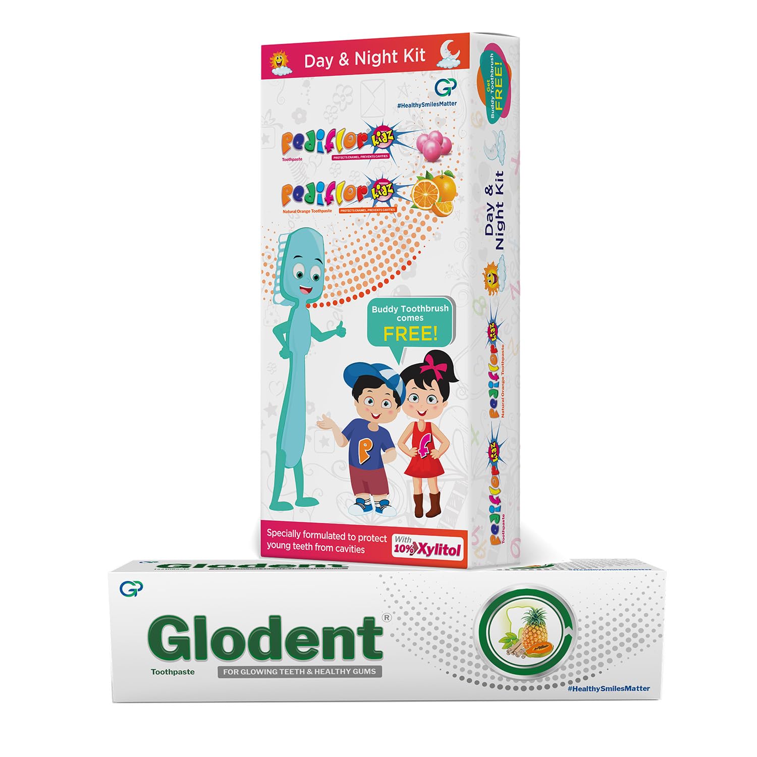 Pediflor Kidz Day & Night Anticavity Bubble Gum and Green Apple Flavor (70g ea pack of 1) Toothpaste for kids, and Glodent Teeth Whitening toothpaste (70g x 1) Complete Oral Care (combo pack) 1