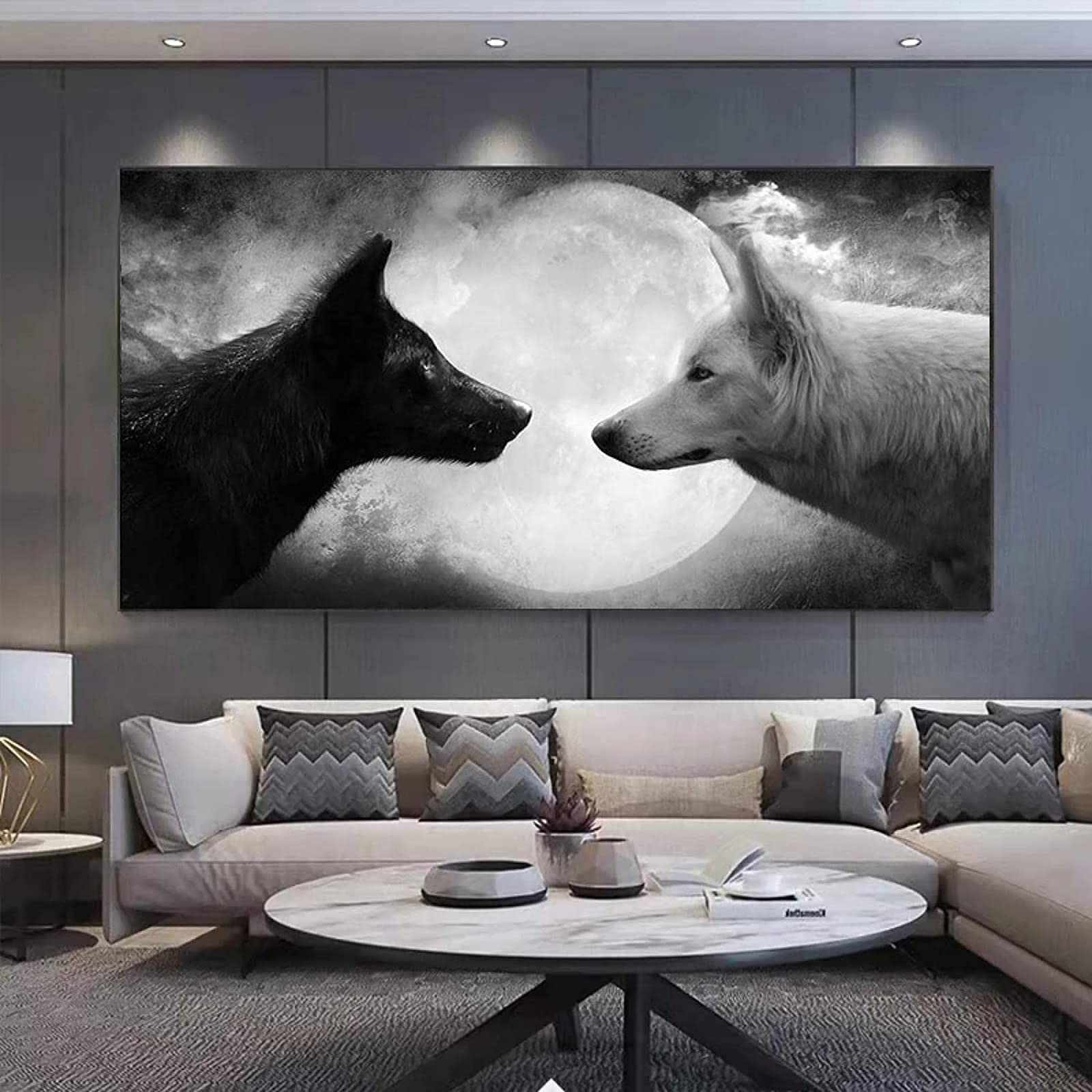 Affiche loup noir et blanc lune sur toile XXL 70x140 pour salon et chambre