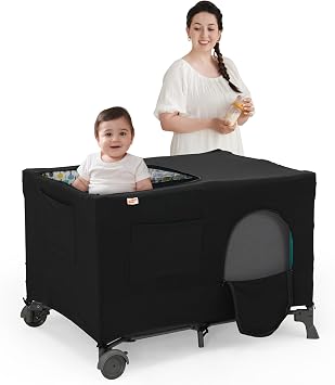 Pamo Babe Blackout Cover, Breathable Dark Cover for Pack and Play, Foldable & Stretchy Blackout Netting with Zippered Mesh for Travel Playard