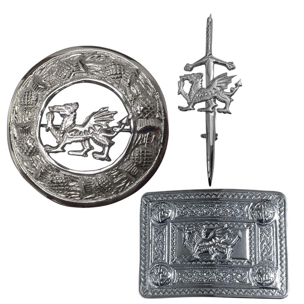 Kilt Pin Belt Buckle and Fly Plaid Brooch Dragon Style Badge Set Chrome Finish