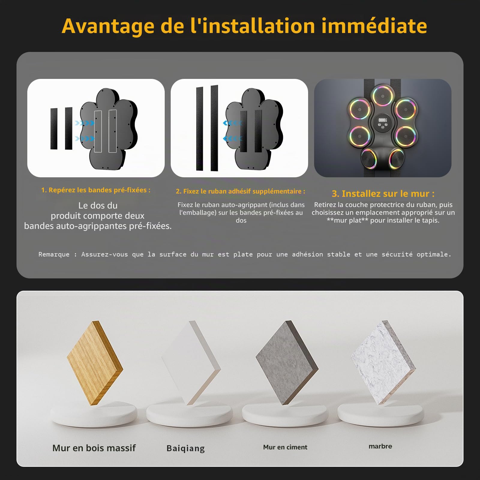 Machine de boxe musicale avec gants de boxe, entraîneur de boxe Bluetooth intelligent, machine de montage mural pour adultes et enfants, cible de boxe électronique pour la maison, le bureau, la salle