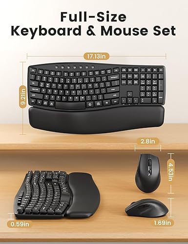 Miniatura 9 de Combo ergonómico de teclado y mouse inalámbricos, juego de teclado silencioso de tamaño completo de 30 dB con teclas onduladas y reposamanos suave,