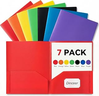 Plastic Folders with Pockets (7 Pack Assorted Colors) - Heavy Duty Poly File Folders, Letter Size with Card Slot for School Office Organization - Dinceer