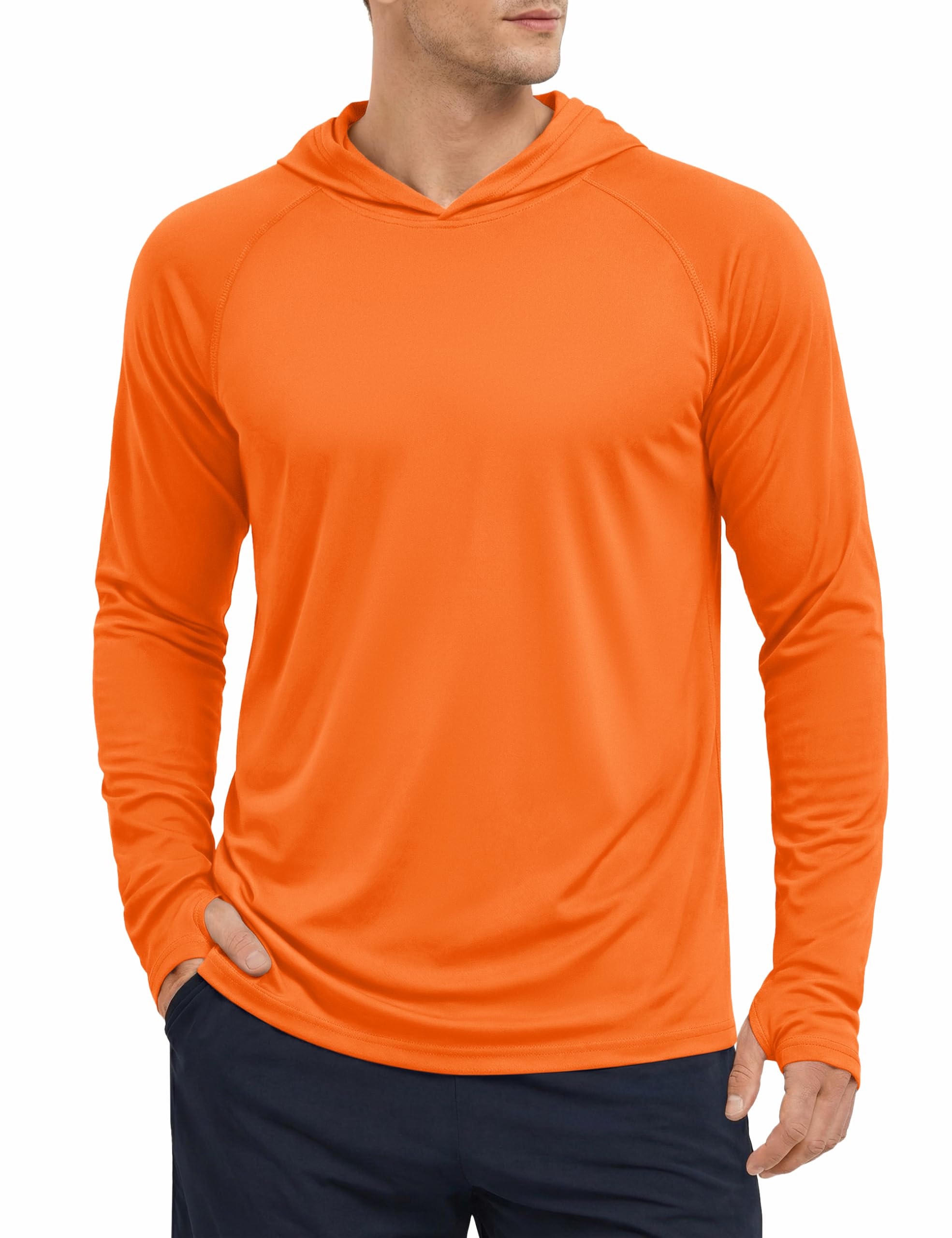 Mens Long Sleeve Sun Shirts UV Protection with Hoodie Rash Guard Swimming Fishing Summer Shirt Orange-image-43