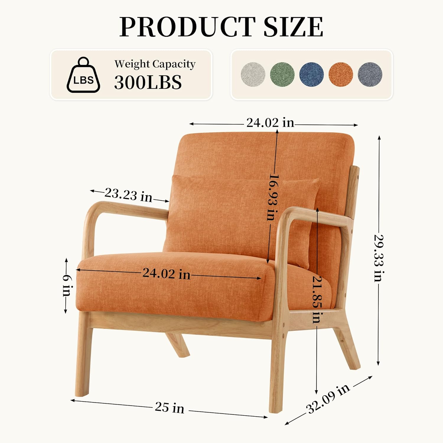 Accent Chair with Pillow Upholstered Mid Century Chair Living Room Chair Comfy Reading Chair with Thick Cushion Solid Wood Frame Armchair for Small Space Bedroom Balcony Orange Set of 2
