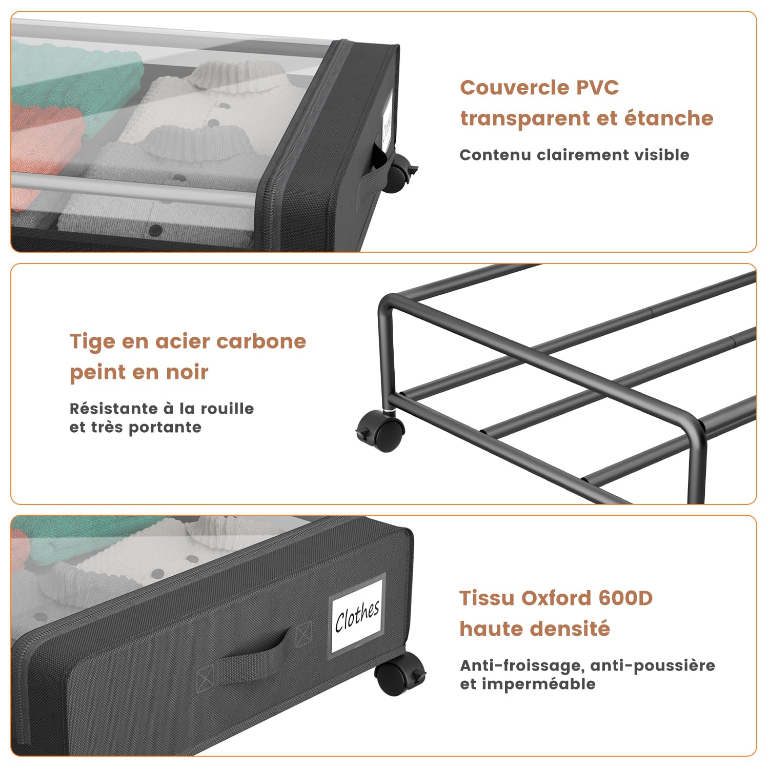PHINOX Lot de 2 tiroirs de rangement sous lit avec roulettes, conteneurs de rangement sous lit avec couvercle transparent, tiroirs de rangement sous lit en tissu et cadre métallique pour vêtements