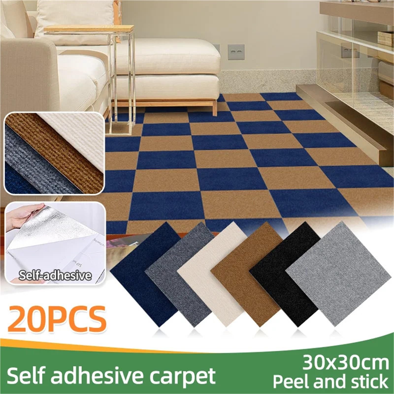 Teppichfliesen Selbstliegend 20 Stück Teppich 30x30cm, farbig gesteppt, selbstklebend, rutschfest, for Wohnzimmer, Couchtisch, Büro oder als Bodenmatte.(Dark Blue,20pcs)