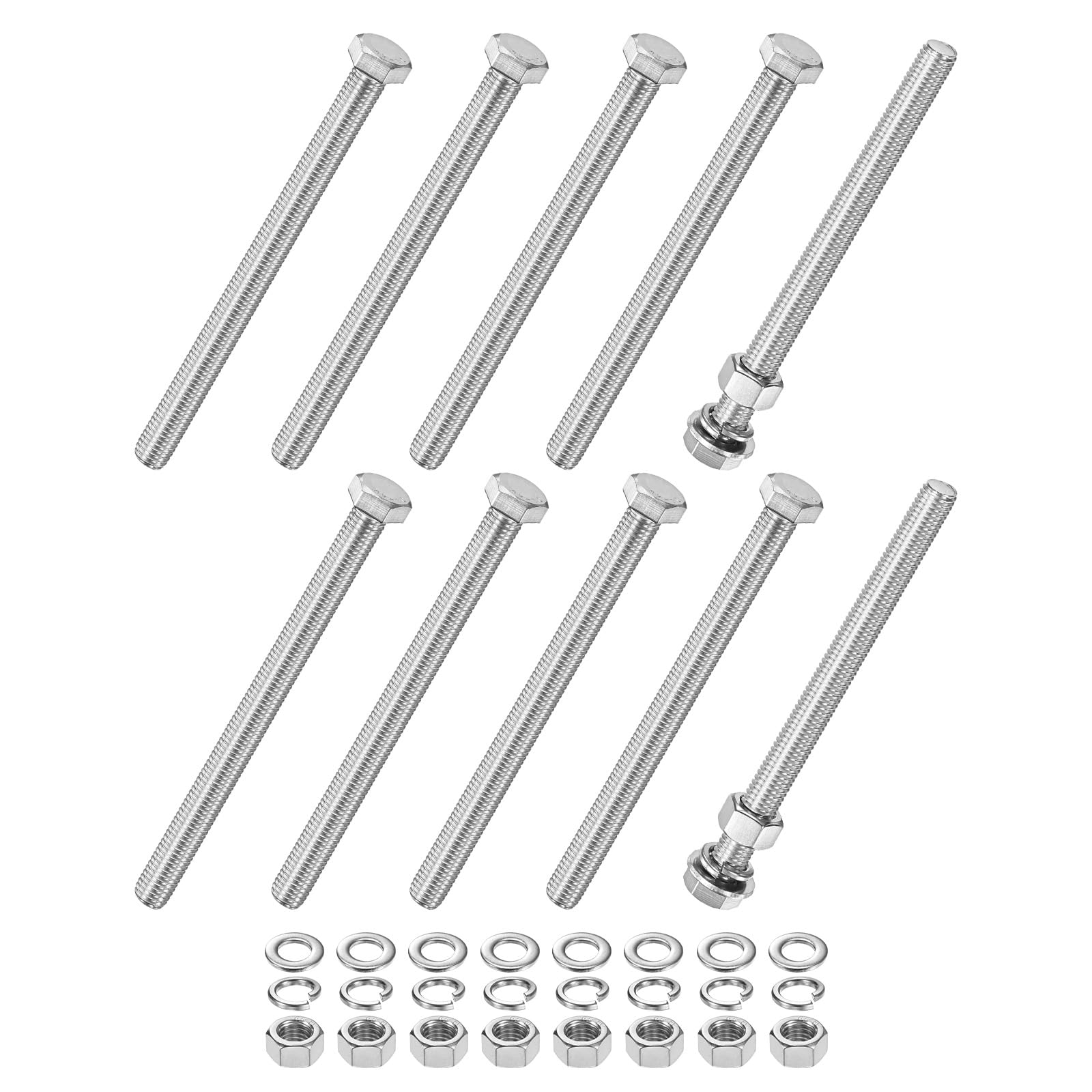 M METERXITY 10-Pack Hex Head Screw Bolt with Nuts Flat & Lock Washers M12x150mm Stainless Steel Bolts and Nuts Kit Fully Threaded Metric Bolt Assortment for Equipment/Machinery