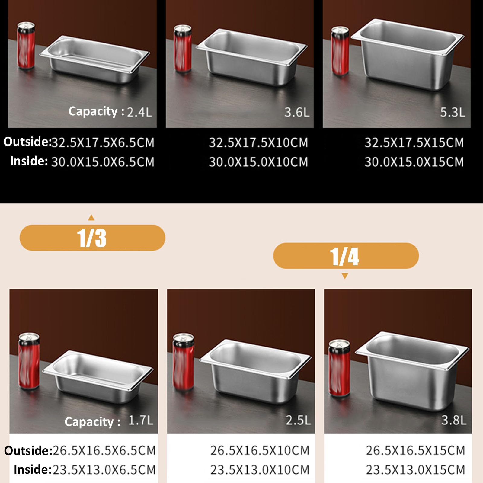 Rectángulo Recipientes para Alimentos,Apilable Accesorios para Pizza Contenedor GN,Contenedor Gastronorm De Acero Inoxidable,1/3（32.5 * 17.5cm）,6.5cm