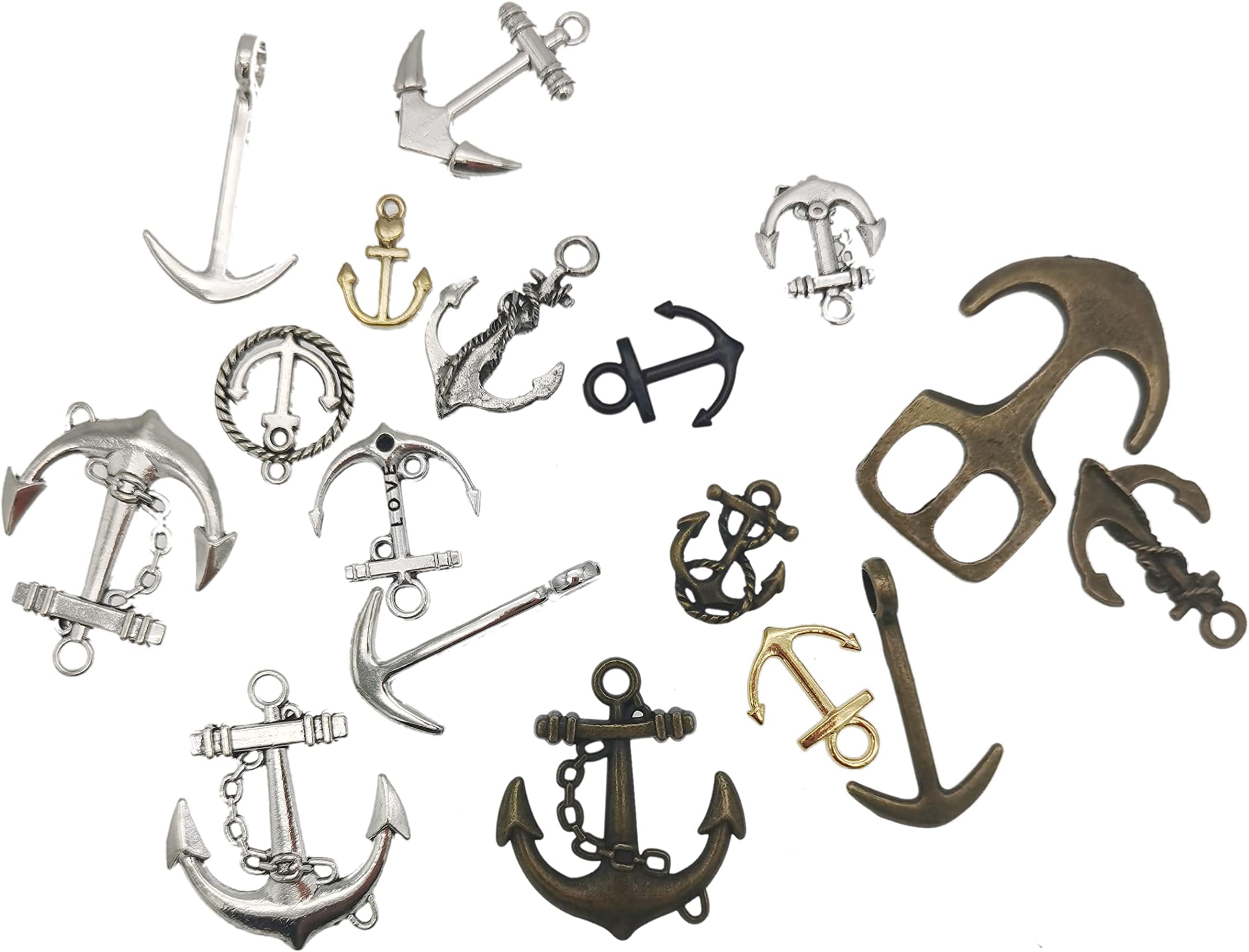 Julie Wang 40Pcs Antiqued Style Alloy Ramdon Boat Anchors Charms Silver Bronze Gold Color Mixed Jewelry Making Pendants
