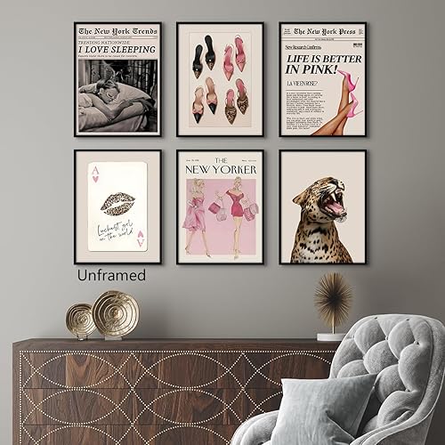 Miniatura 2 de 6 piezas de arte de pared en lienzo rosa y leopardo, pintura de guepardo atrevido, póster de periódico femenino retro, imagen de moda The New Yorker