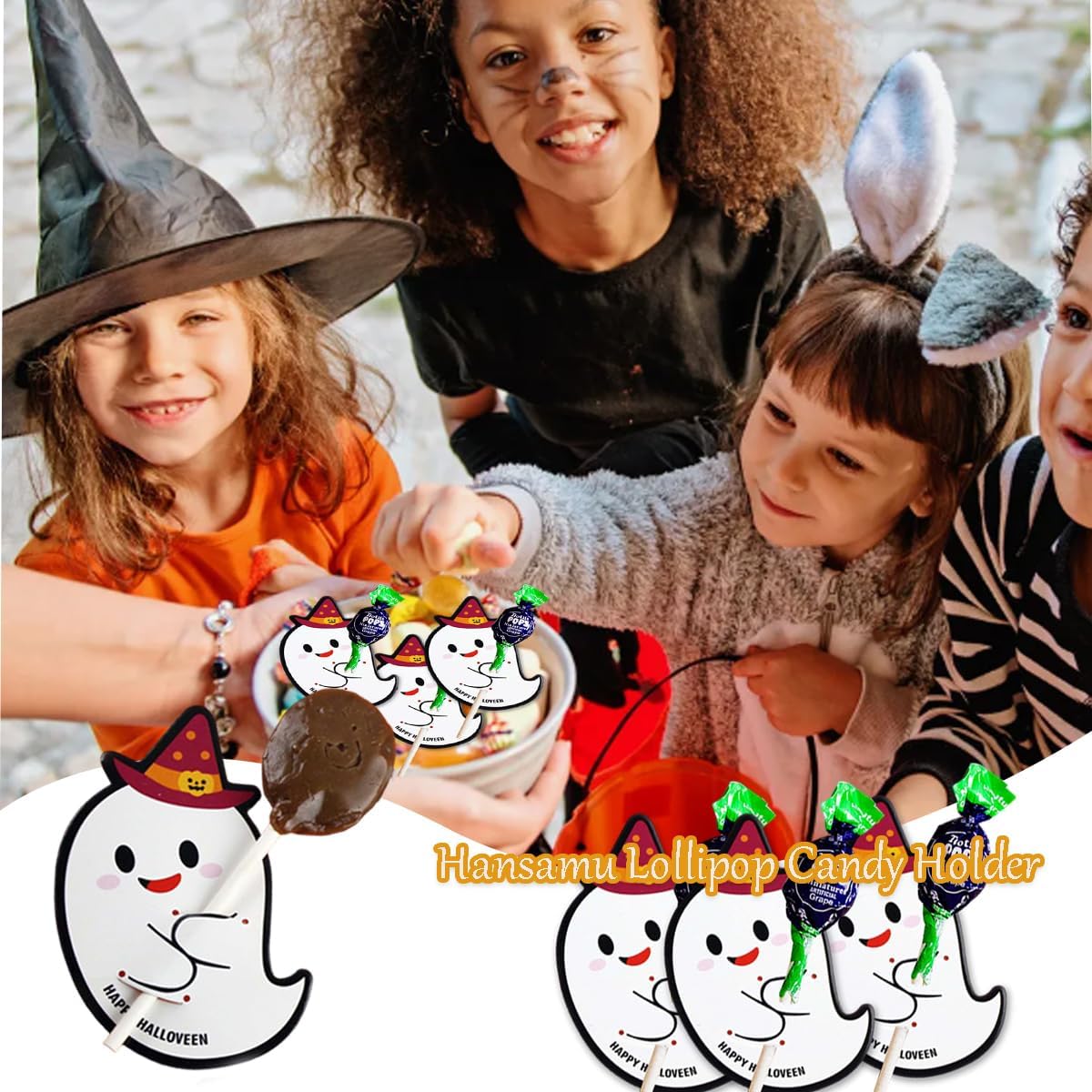 100Pcs Halloween Lollipop Paper Cards Candy Holder Creative DIY Ghost Sugar Card Candy Chocolate Wrapping Decorations for Halloween Party Supplies Decorative