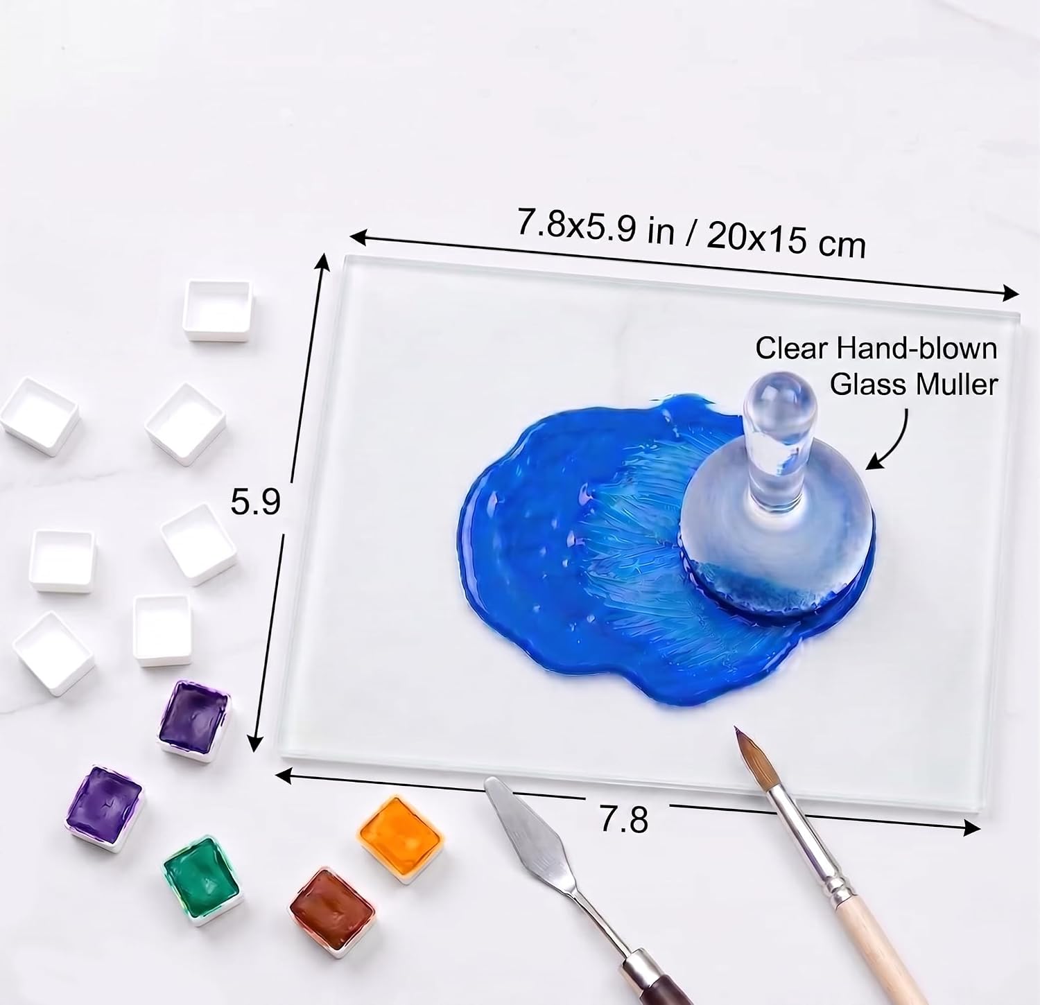 Glass Panel Flat Bottom Mineral Pigment Grinding Palette, Suitable for DIY Oil Painting, Watercolor,Tempera, Artist's Paint Grinding (7.8x5.9in(Muller Set))