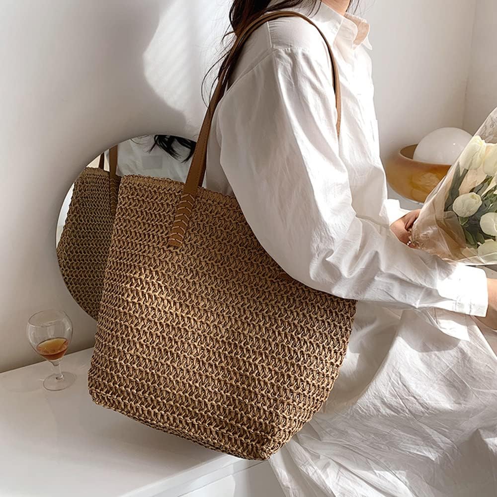 Large Straw Beach Bag for Womens, Straw Handbag Woven Tote Bag With Zipper Summer Shoulder Bag - Image 3
