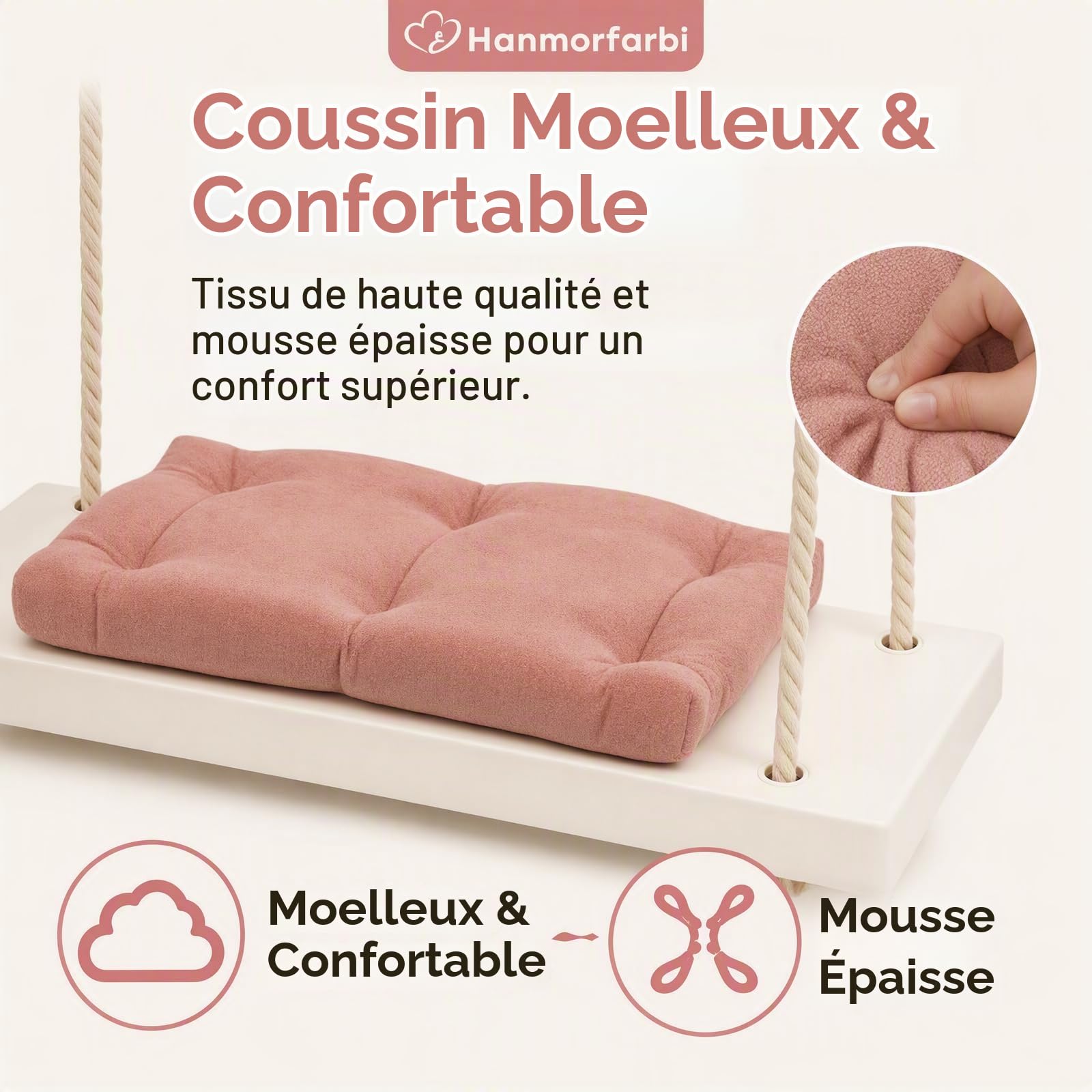 Fauteuil suspendu avec coussin épais - Balançoire en bois épais - Balançoire suspendue rose - Support intérieur/extérieur - Capacité 50 kg
