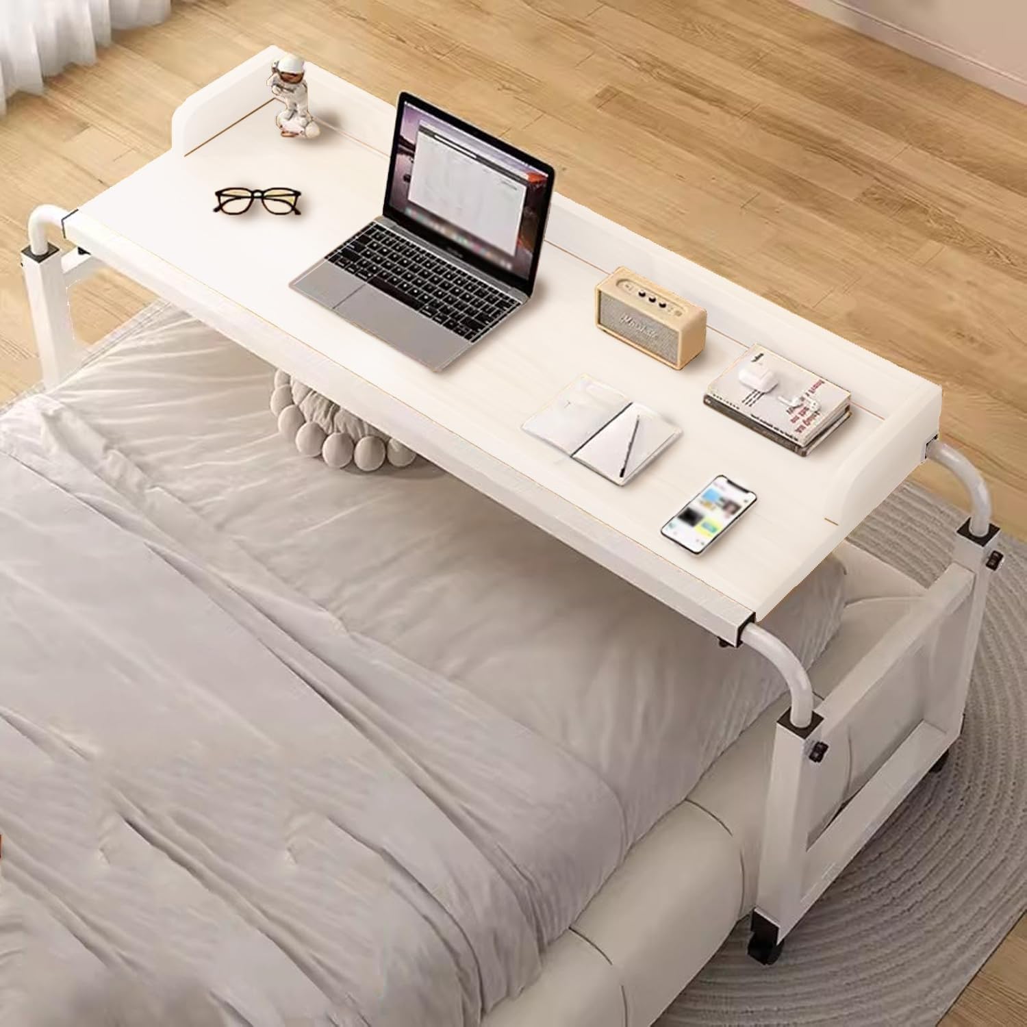 Biurko nocne z kółkami, mobilne nad łóżkiem wózek na laptopa biurko nad łóżkiem stolik medyczny nad krzesłem regulowana wysokość (biały +)
