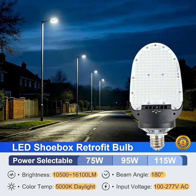 Lámpara LED de retrofit para Shoebox, 75/95/115 W seleccionables, 5000 K, base rotatoria E39 | Lámpara LED tipo maíz para estacionamiento, 16100 lm, equivalente a 500 W MH, lámpara LED tipo paleta de 180° miniatura 2