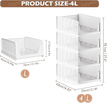 TidyIsles Wardrobe Storage Organiser, 4 Pack Folding Closet Organisers, Stackable Storage Boxes, Plastic Drawer Organiser Basket for Bedroom Kitchen Bathroom White