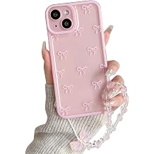 NITITOP Compatible with iPhone 13 Case Cute Clear Durable Ribbon Bow Knot Pattern for Girls Women Bowknot with Chain Wrist Strap Soft TPU Transparent Shockproof Protective Phone Cover - Pink