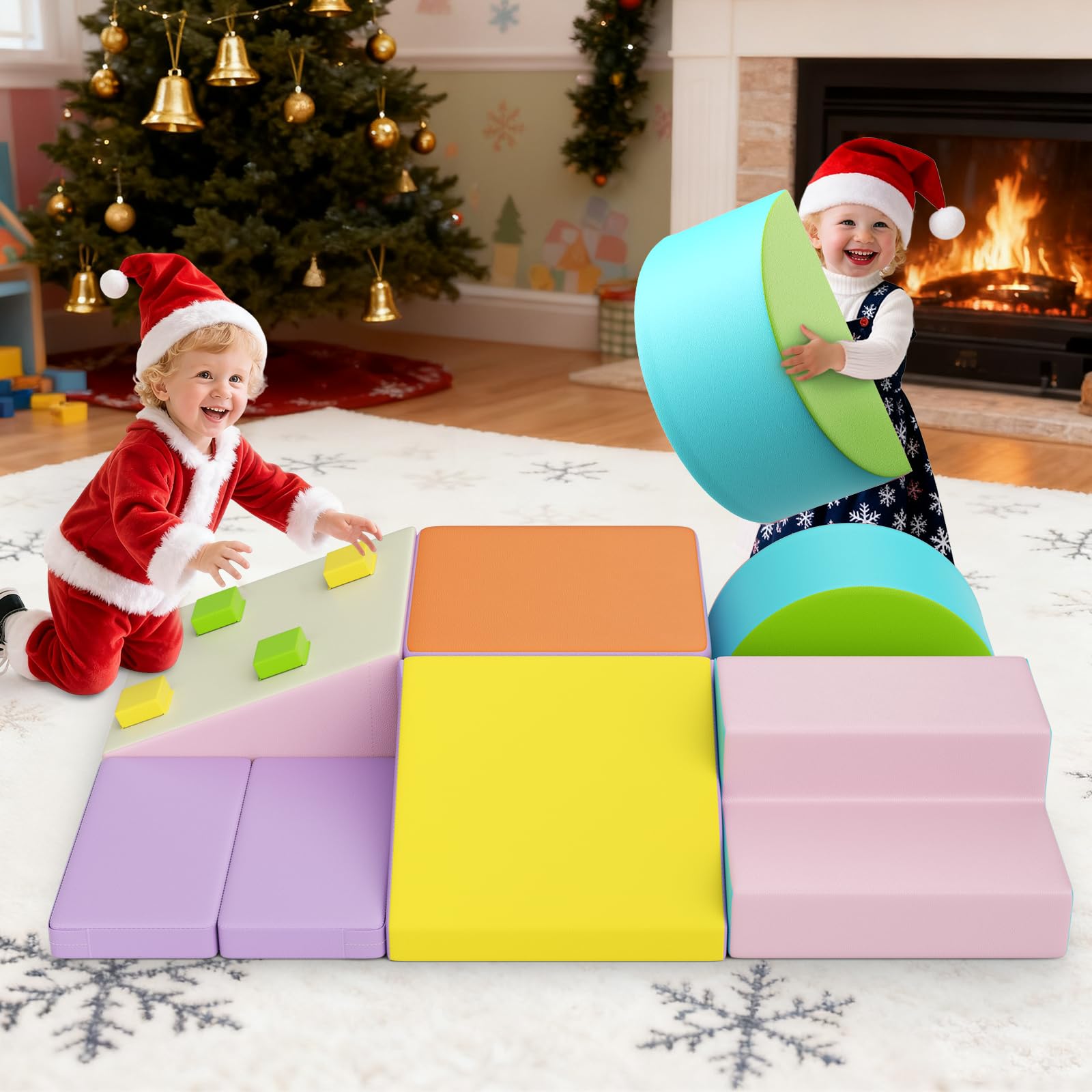 Ovshnrr Children's Large Foam Building Blocks, Kids Soft Play Set for Indoor Climbing, Suitable for Toddlers Aged 1-3 Years to Develop Intelligence (Leather cover + Macaron color - 7 pcs) — image 1