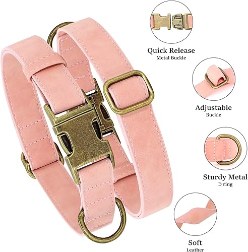 Miniatura 2 de Didog Collar de perro de cuero suave, duradero y resistente con hebilla de metal de liberación rápida, collar de perro rosa ajustable para perros