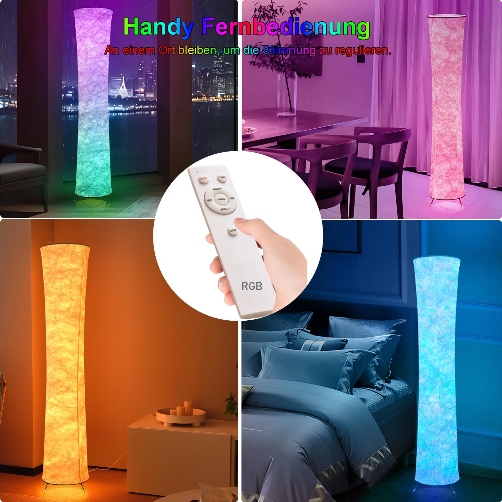 RGB Stehleuchte Modern LED Stehlampe Wohnzimmer Papierschirm Lampe | Farbwechsel Bodenleuchte Weiche Bunt Standlampe Fernbedienung Dimmbare Breit glitter standleuchte weiss Schlafzimmer Innen‌