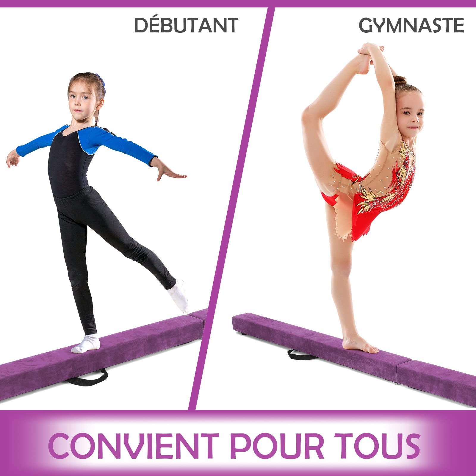 COSTWAY Poutre de Gymnastique Pliable, Barre de Gymnastique au Sol Portable en Mousse avec Housse en Daim Amovible et Fond Antidérapant Poignées, pour Enfants, Gymnastes