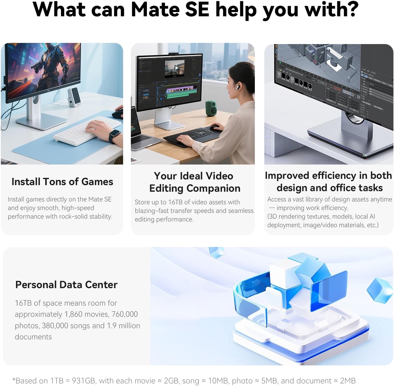 Beelink Mate SE-A ​​Docking Stations for Beelink SER8/SER9 Pro Aluminum Alloy Body + Dual M.2 Slots (up to 2 * 8TB), with USB-C + 2* USB-A 3.0 + 2.5G LAN + SD4.0 + Type-C (PD3.0), Silver