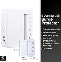 Vista 3 de GE Protector SurGE giratorio Pro de acceso lateral, extensor de 5 salidas con 2 puertos USB, adaptador de grifo de pared, estación de carga, 3