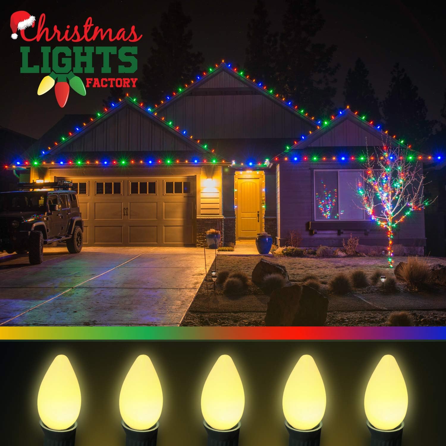 Chеареѕt 🛒 CHRISTMAS LIGHTS FACTORY - C7 - Yellow - Super Bright LED Frosted Bulbs - 25 Bulbs ONLY - Commercial Grade - Dimmable - Indoor & Outdoor. Be a Beacon of Holiday Spirit, Joy, & Light.