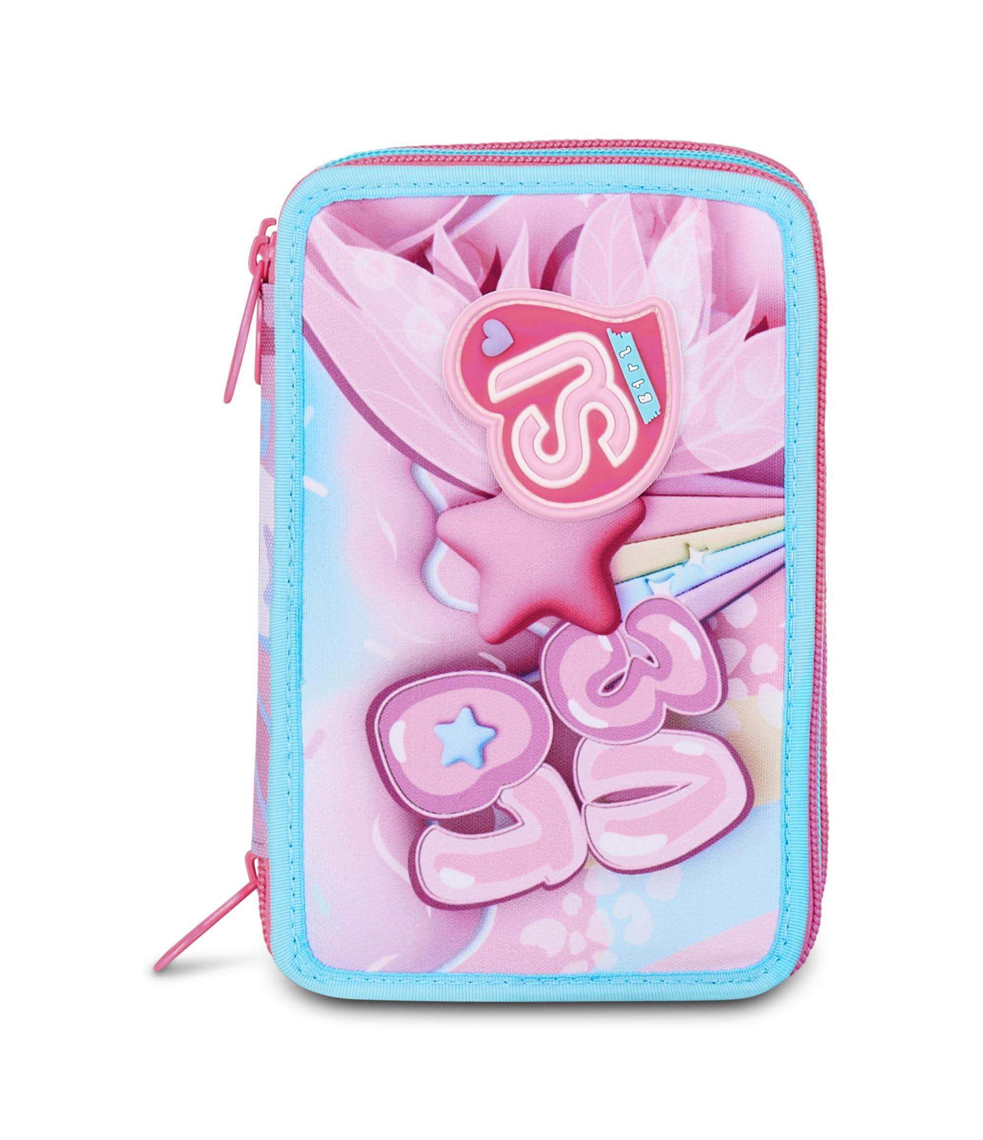 SJ GANG STYLE JAM GANG Astuccio Scuola 3 Zip Plushy Rabbit, Rosa, Portapenne Triplo Scomparto Completo Di Penne, Matite, Colori, Accessori Zaino, Scuola Elementare, Bambina