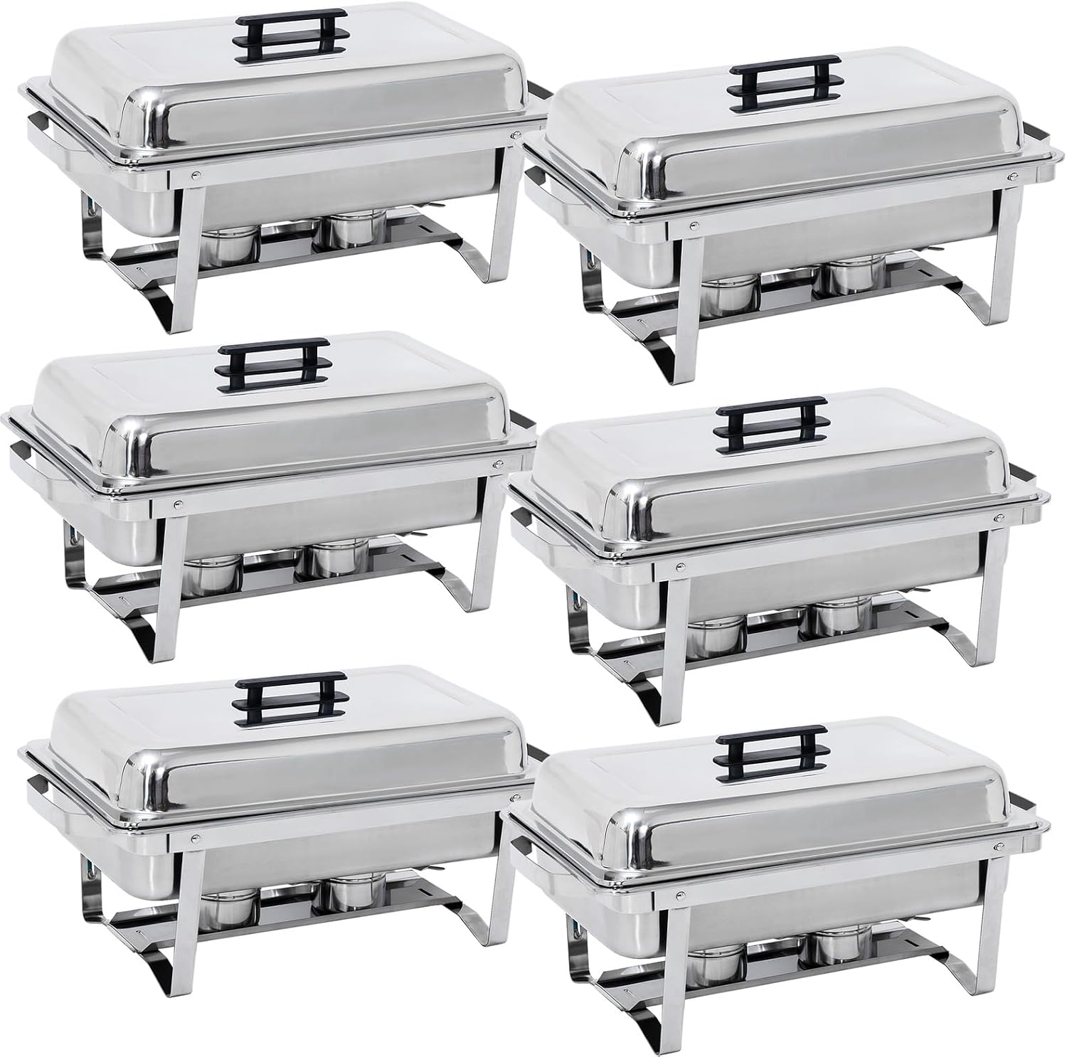 Set of 6 Full-Size Rectangular Chafing Dishes - 8 Quart Stainless Steel Chafer with Foldable Frame Legs - Perfect for Catering and Buffets