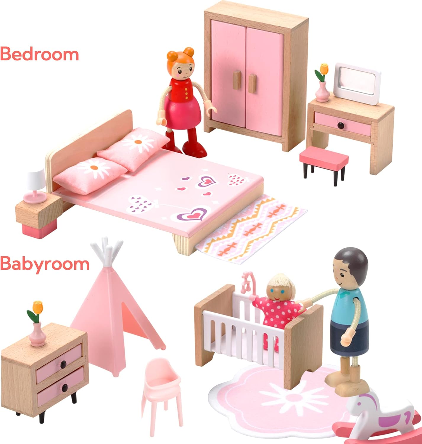 Wooden Dollhouse Furniture Set, 72pcs Furnitures with 8 Family Dolls, Dollhouse Accessories Pretend Play Furniture Toys