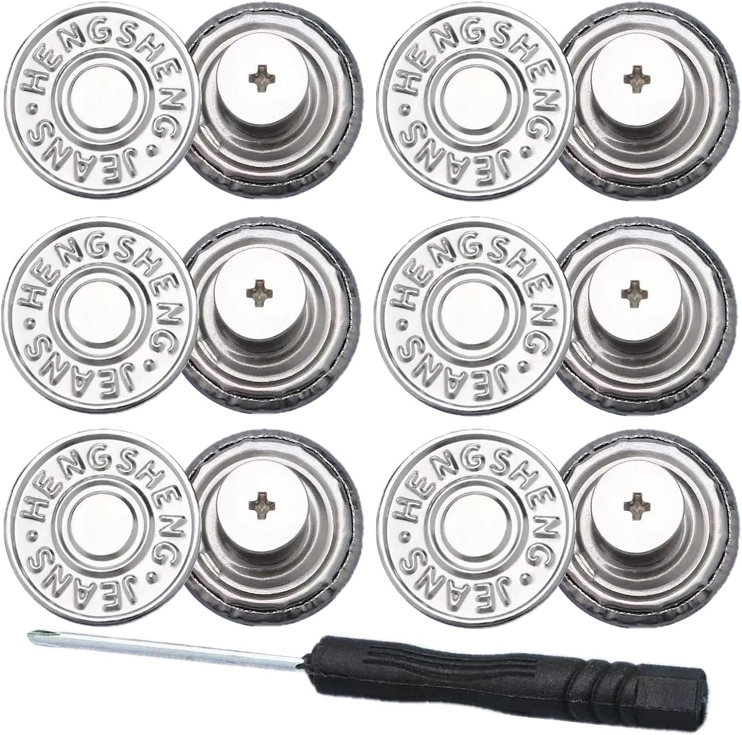 6pcs Silver Buttons pins for Loose Jeans, 17 mm No-Sew Nailess Removable Metal Jeans Buttons Replacement, Adjustable Metal Pants Button Tightener,Repair Combo Thread Rivets and Screwdrivers