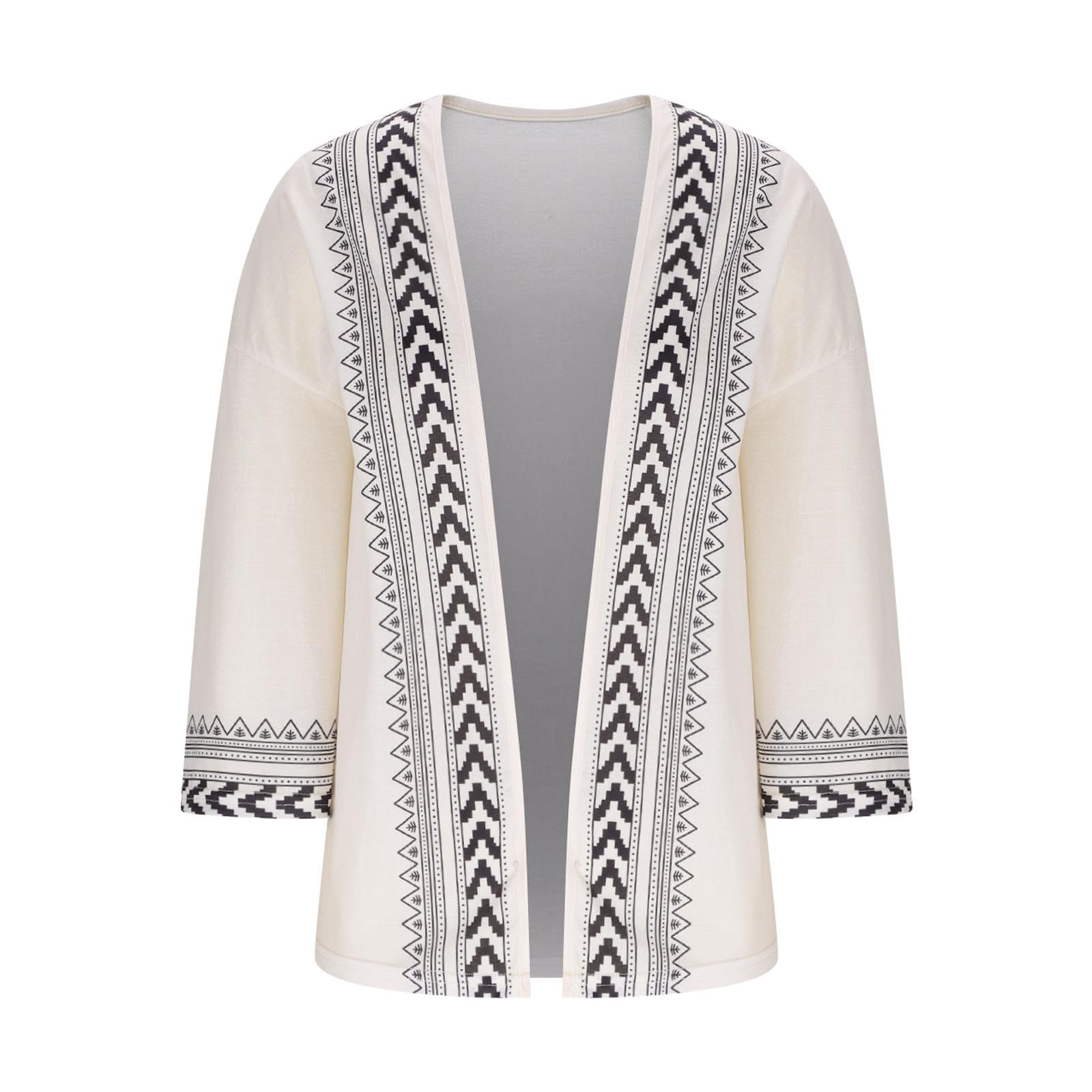 Boho Kimono Kardigan Damski Lekki Sheer Siatkowy Szyfonowy Okrycie, Geometryczny Nadruk Otwarty Przód Luźny Casual Szal Letni Top