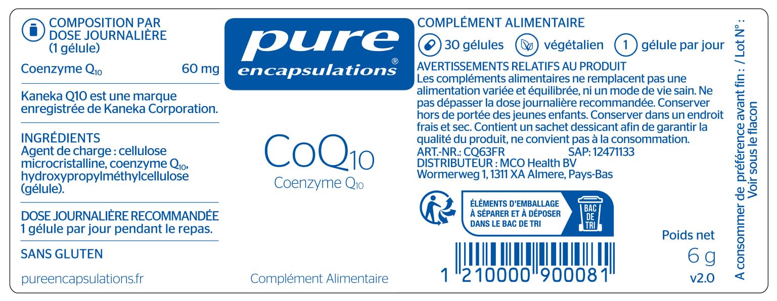 Pure Encapsulations - Coenzyme Q10 60mg - CoQ10 Biodisponible, Naturelle & Biologiquement Active - Obtenue par Fermentation - Haute Concentration - 30 Gélules Véganes