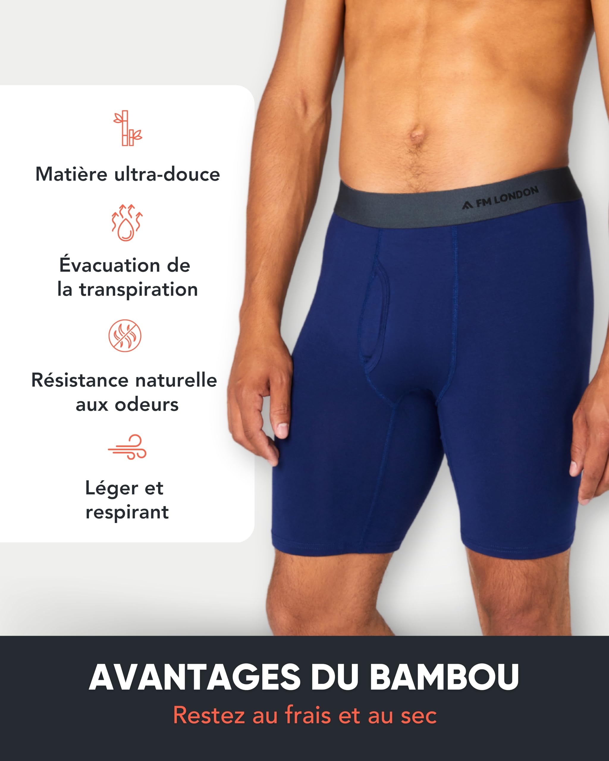 FM London Boxer en Bambou pour Homme, Boxer Long pour Homme en Bambou Ultra Doux, Antifrottements et Évacuant la Transpiration, avec Ouverture, Lot de 4